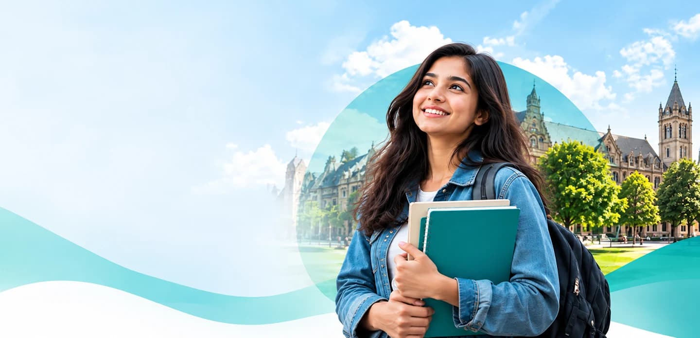 A student with books in front of a university campus
